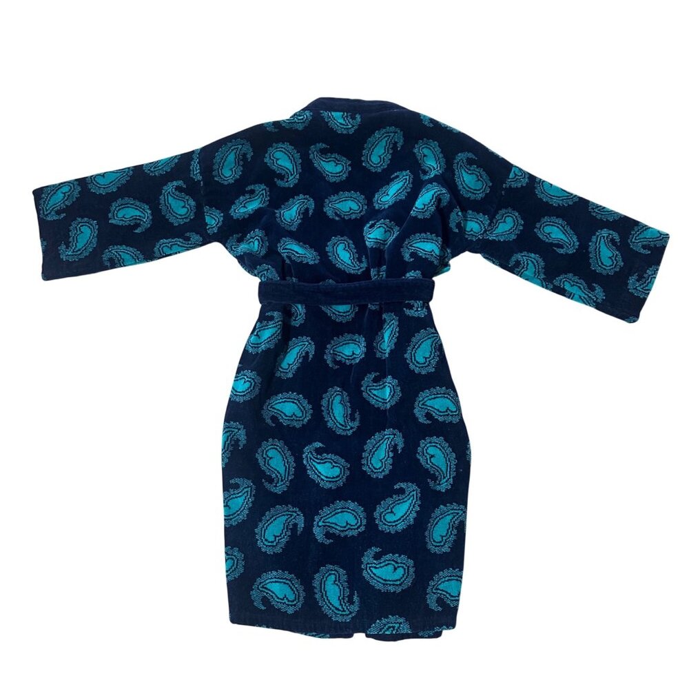Vintage Terrycloth Robe Bill Blass Cotton Bathrobe One Size Navy Teal Paisley - Picture 3 of 7